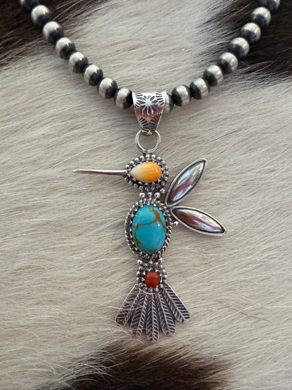 ❤️ Spiny Oyster, Kingman Turquoise Red Coral Hummingbird Navajo Sterling Pendant - Picture 3 of 12